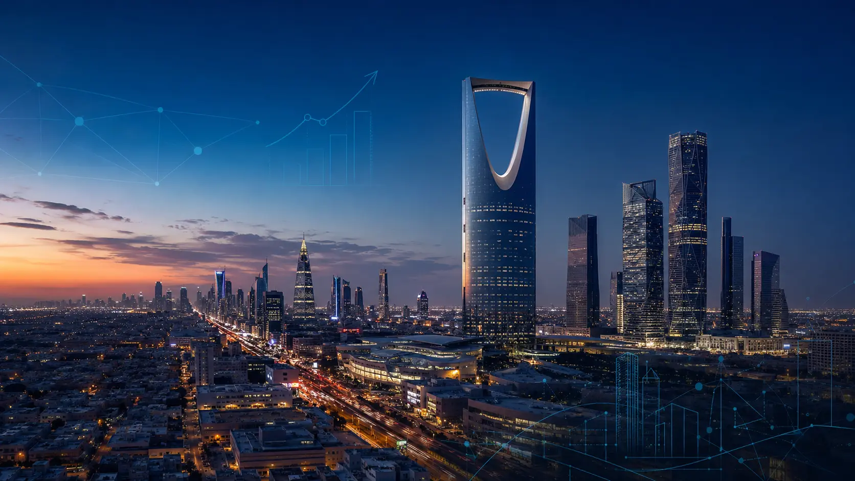 Riyadh skyline at dusk representing business setup and growth opportunities in Saudi Arabia