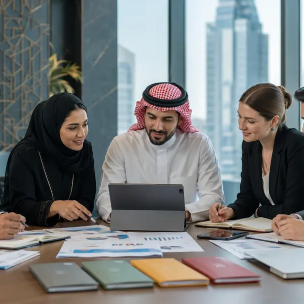 Diverse professional team discussing workforce planning and Nitaqat color bands in Saudi Arabia