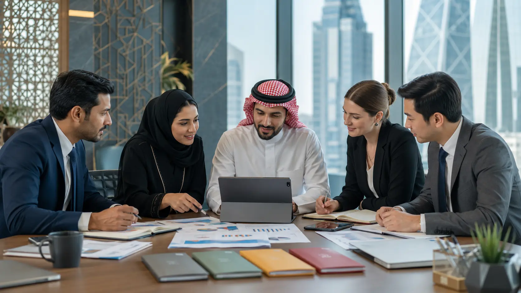 Diverse professional team discussing workforce planning and Nitaqat color bands in Saudi Arabia