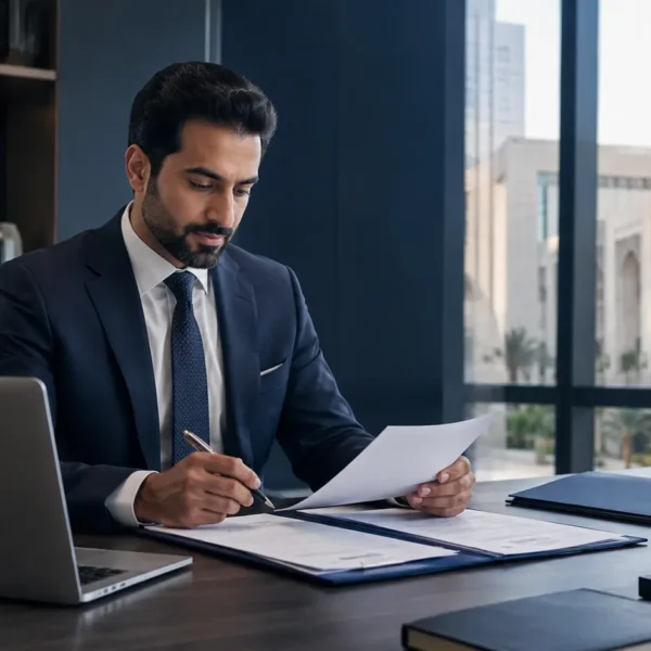 Business professional reviewing documents for PRO services and government procedures in Saudi Arabia