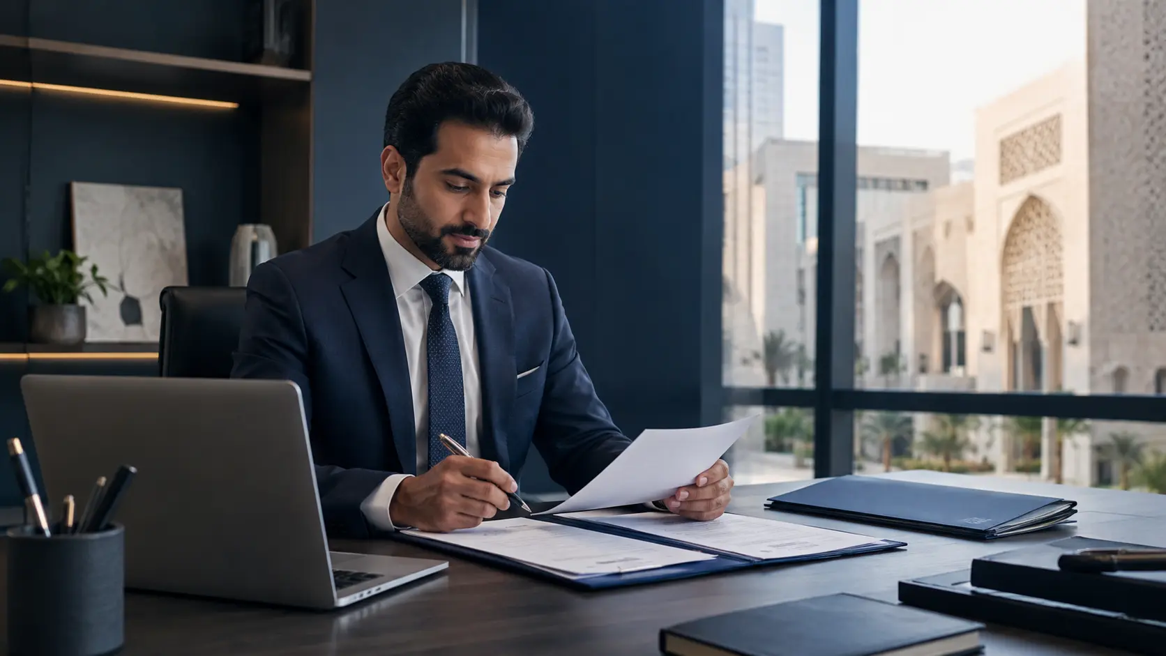 Business professional reviewing documents for PRO services and government procedures in Saudi Arabia